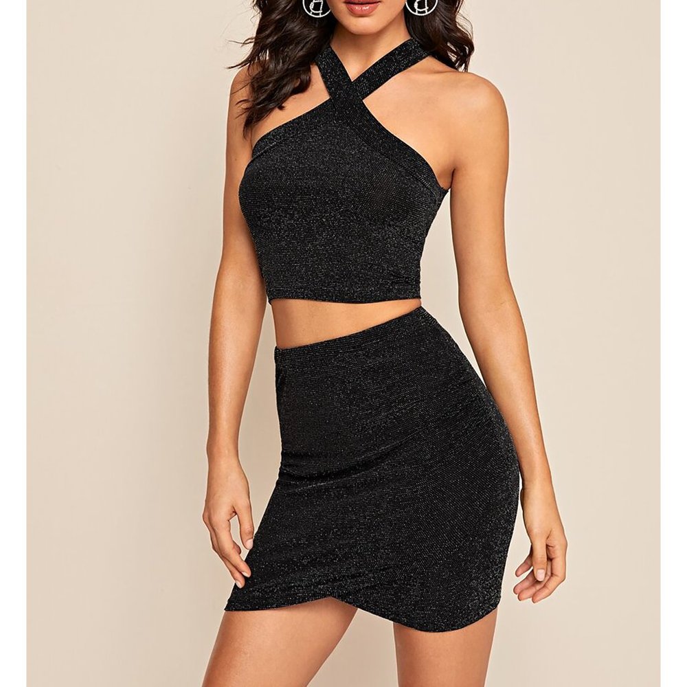 Black Silver Glitter Halter Top and Mini Skirt Set - Picture 4 of 6